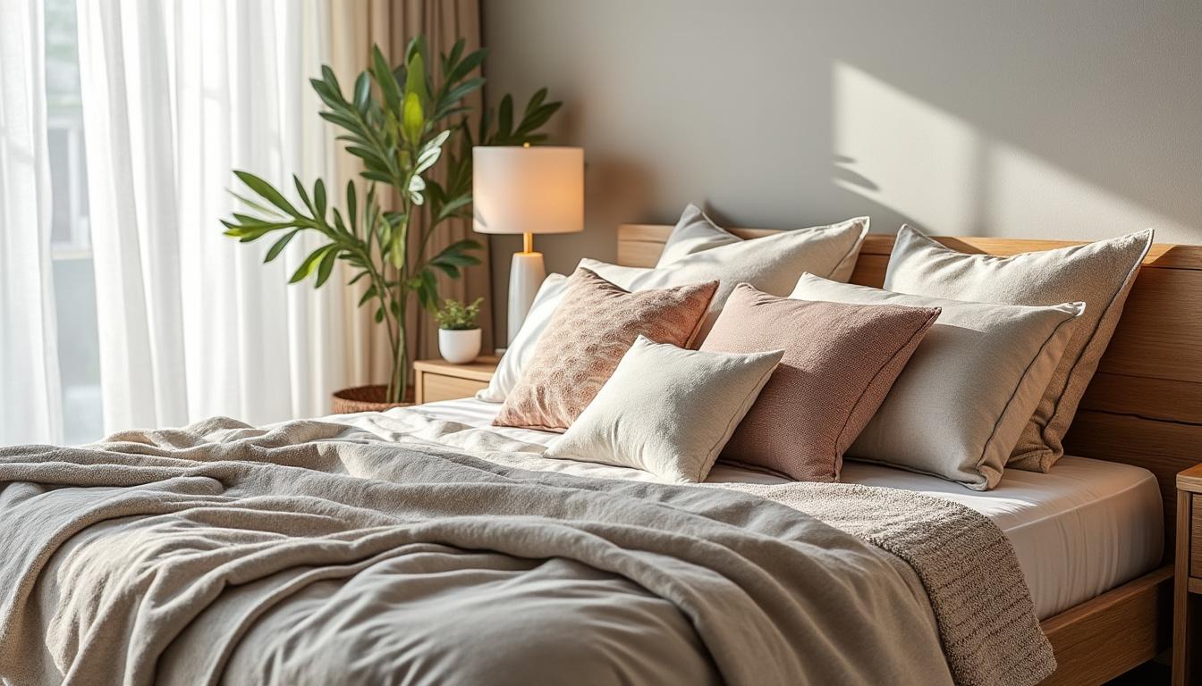 découvrez nos conseils pour bien choisir vos coussins et créer une chambre harmonieuse, confortable et élégante grâce à des associations de formes, couleurs et matières.
