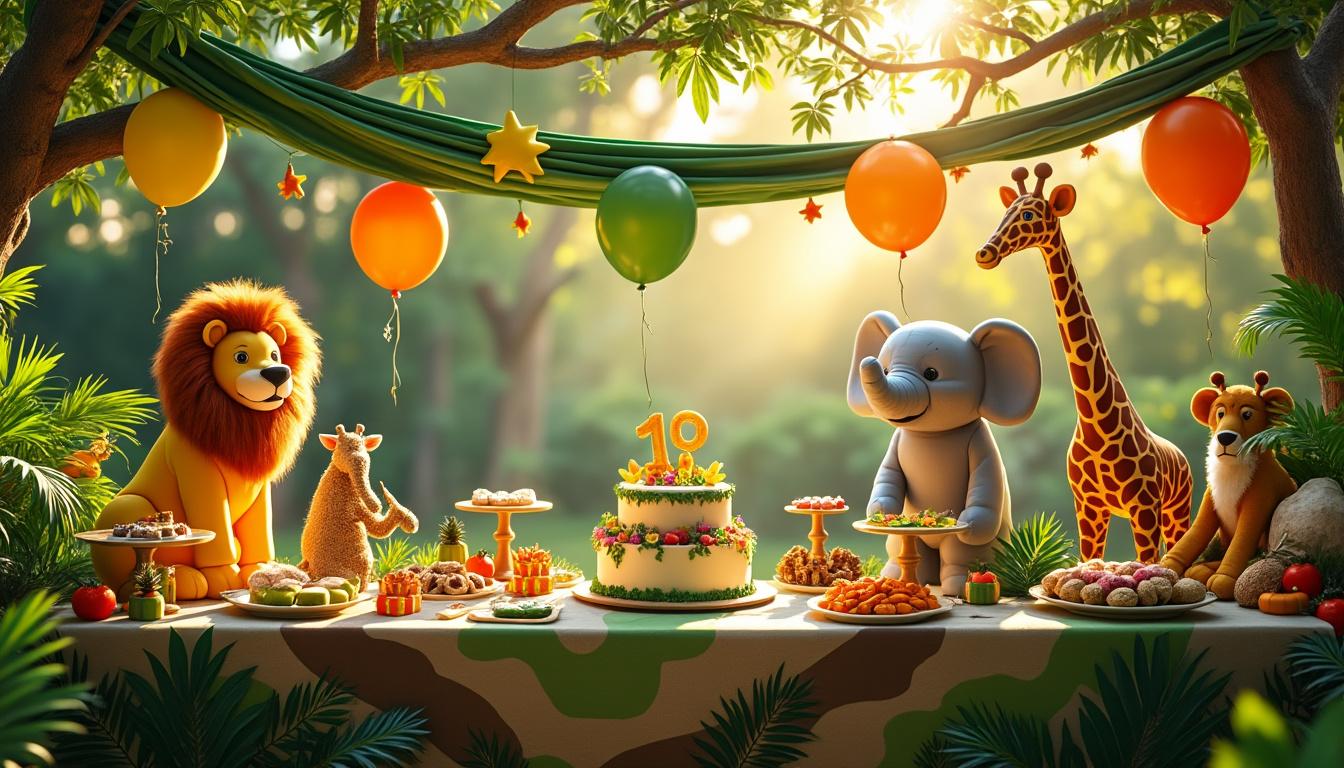 organisez un anniversaire inoubliable sur le thème safari avec nos idées déco : ballons animaux, tables exotiques et accessoires sauvages pour une fête pleine d'aventure et de fun !