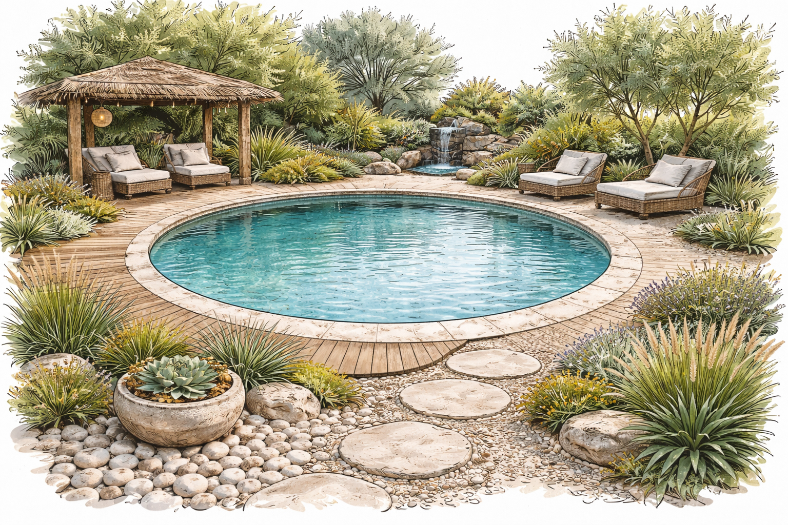 croquis de decoration autour piscine ronde